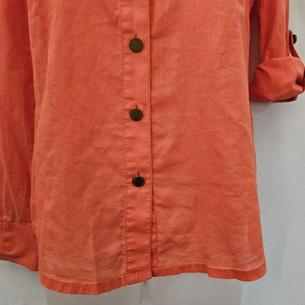 Tory Burch Top Womens 4 Gold Buttons Up Tangerine Red Orange Cotton Preppy Shirt